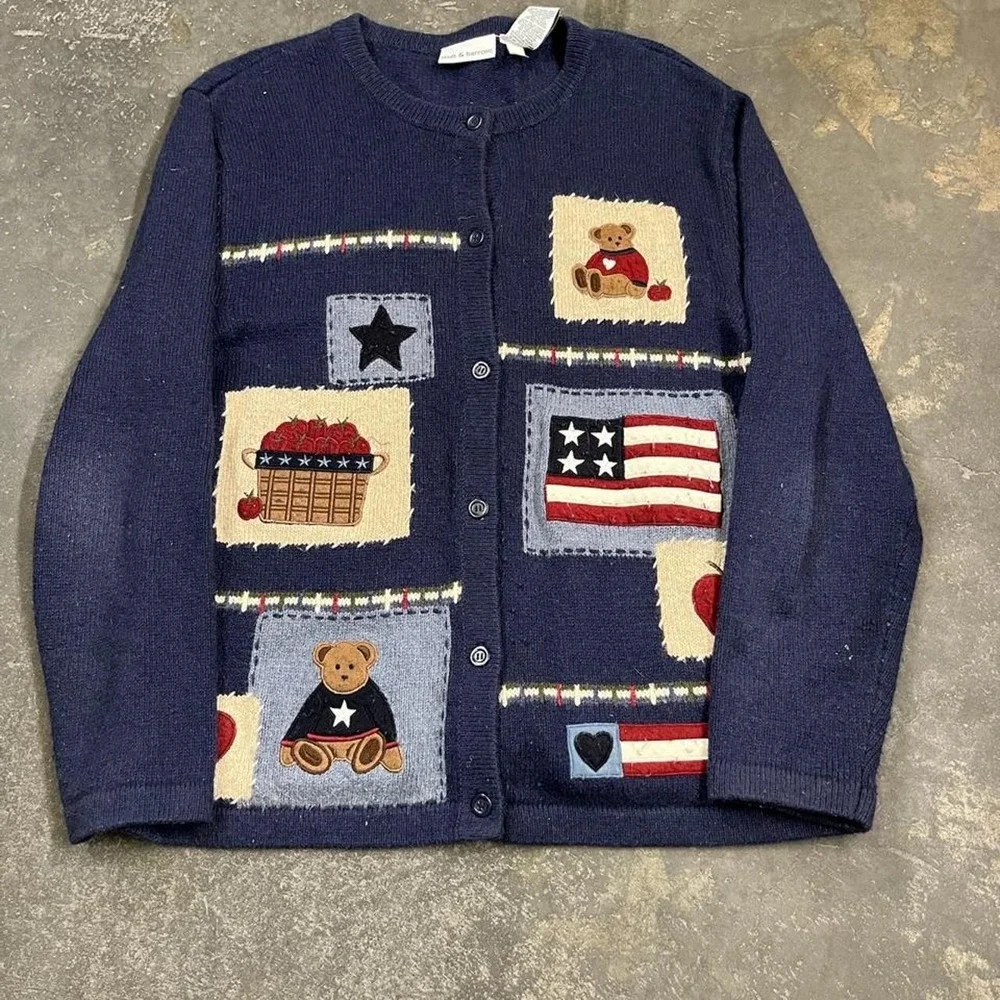 Vintage Croft & Barrow Polo Bear Knit Cardigan Navy Blue USA Flag Large 90s
